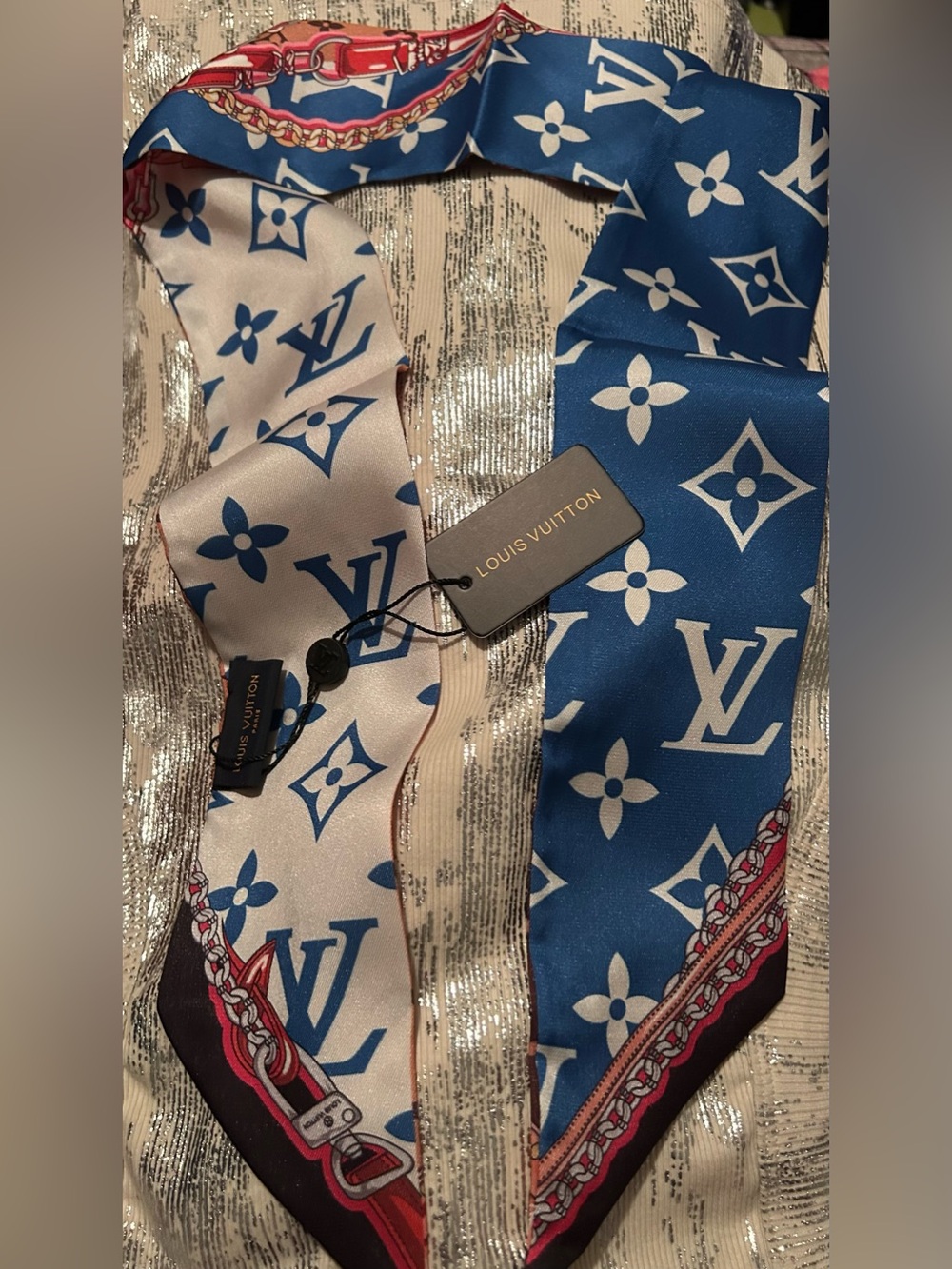 Louis Vuitton Blue Monogram 100% Silk Bandeau Twilly Scarf Stunning